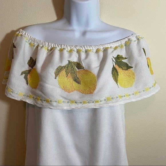 Off Shoulder Lemon Embroidered Cross Stitch Pullover Blouse White Sz M - Picture 3 of 15